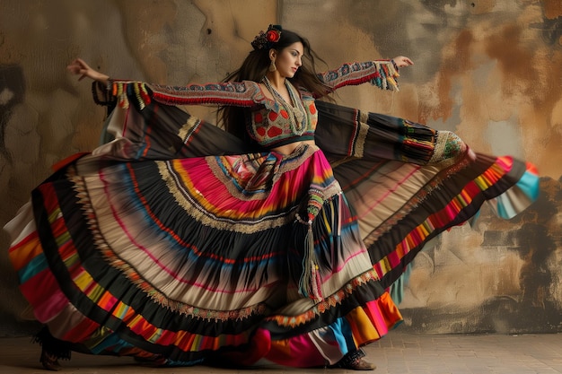 Piękna kobieta w tradycyjnej sukience cygańskiej na tle starej ściany