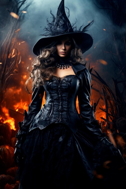 Piękna kobieta w ubraniach czarownic na świętowanie Halloween