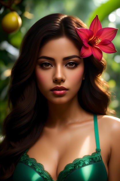 Piękna kobieta w zielonej bieliźnie pozująca w tropikalnym ogrodzie