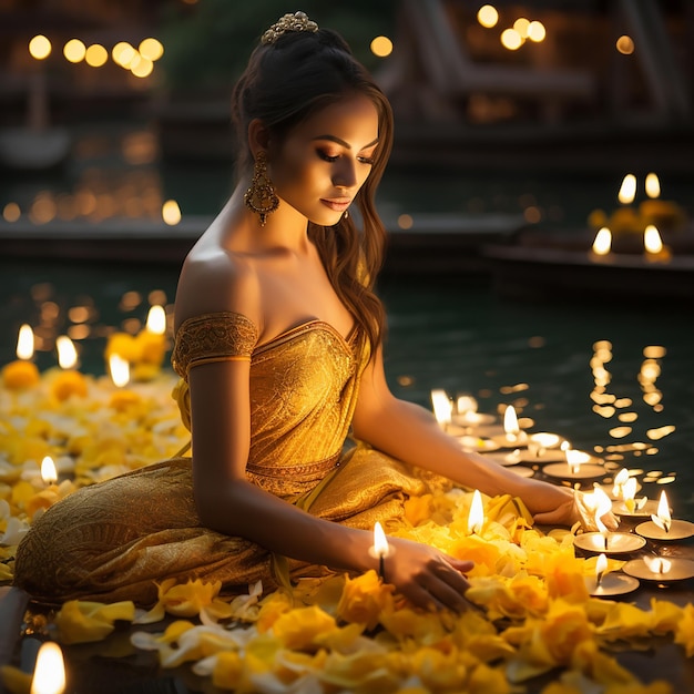 Zdjęcie piękna kobieta w żółtej tajskiej sukience loi krathong ozdobionej kwiatami, świecami i kadzidłem