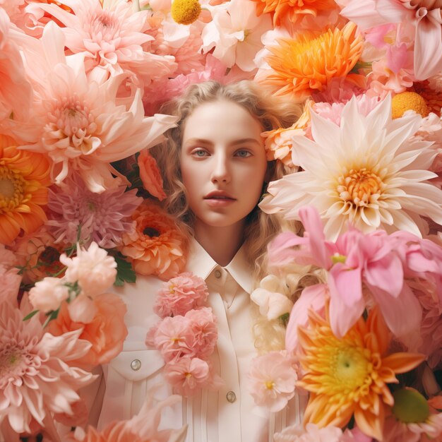 Zdjęcie piękna kobieta wśród żywych kwiatów na kolorowym tle