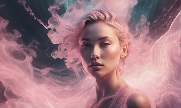 piękna kobieta z cyfrową ilustracją różowe włosypiękna kobieta z cyfrową ilustracją różowe włosy