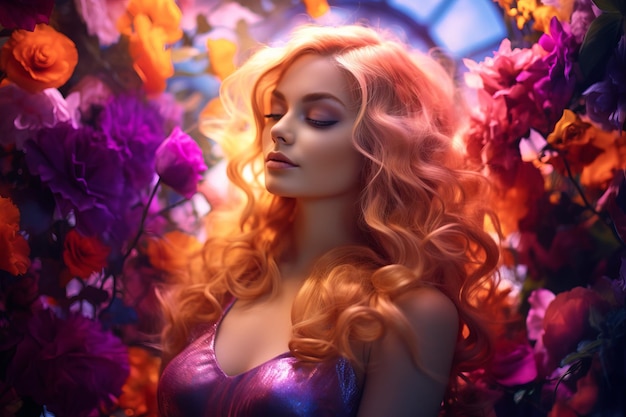 piękna kobieta z długimi rudymi włosami w fioletowej sukience otoczonej kwiatami