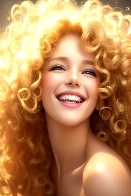 Piękna kobieta z kaskadą złotych loków, której oczy błyszczą radością, gdy uśmiecha się do Aigena