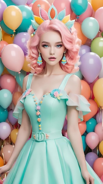 Zdjęcie piękna kobieta z kolorowymi kwiatami i balonami