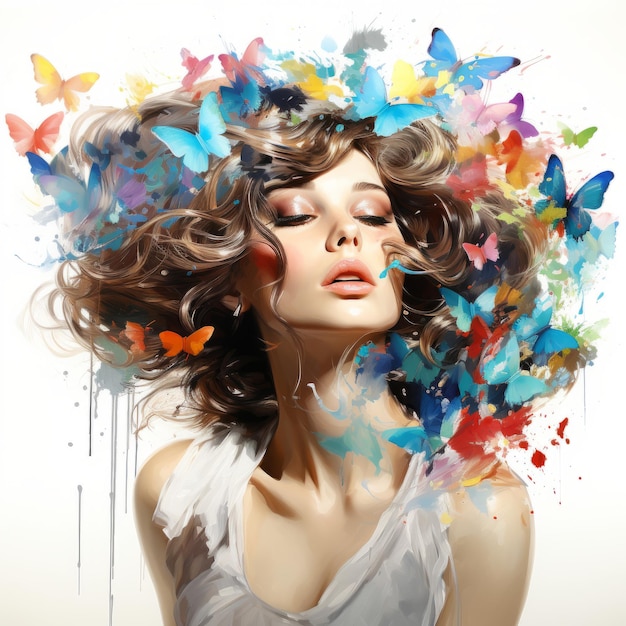 piękna kobieta z kolorowymi motylami na głowie