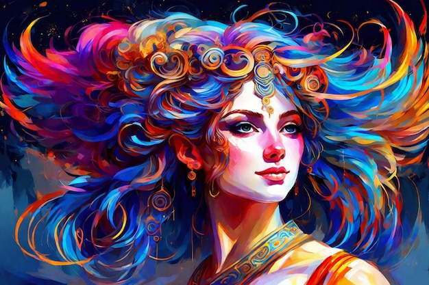 Piękna kobieta z kolorowymi włosami Malarstwo cyfrowe Ilustracja modna