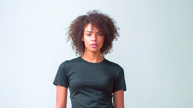 Zdjęcie piękna kobieta z kręconymi włosami używająca fotografii magazynu t-shirt mockup