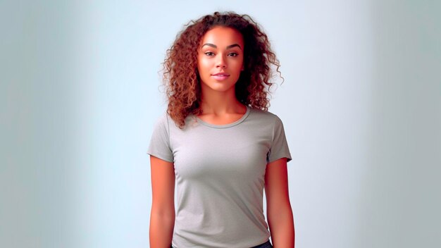 Piękna kobieta z kręconymi włosami używająca fotografii magazynu T-shirt mockup