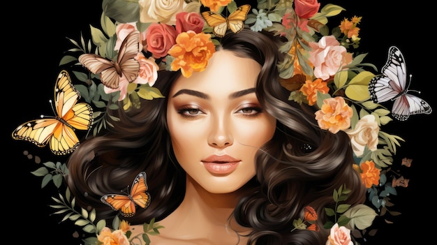 piękna kobieta z kwiatami we włosach i motylami