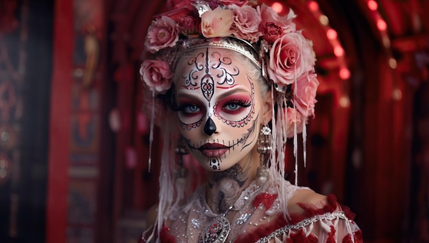 Piękna kobieta z makijażem cukrowej czaszki Dia de los Muertos Dzień Zmarłych Halloween