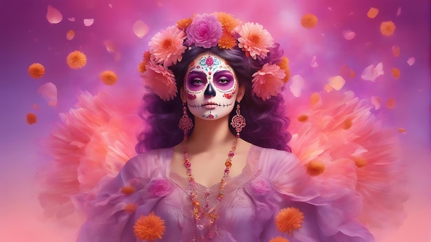 Piękna kobieta z makijażem z cukrową czaszką i pomarańczowymi kwiatami marigold