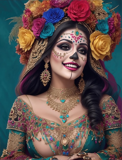 Piękna kobieta z malowaną czaszką na twarzy na meksykański Dzień Zmarłych