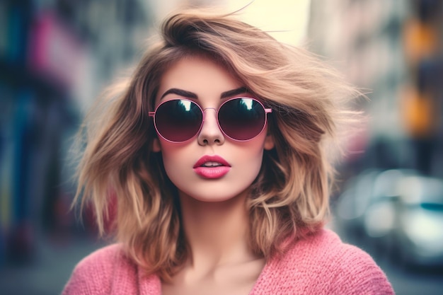 Piękna kobieta z modnymi różowymi okularami przeciwsłonecznymi