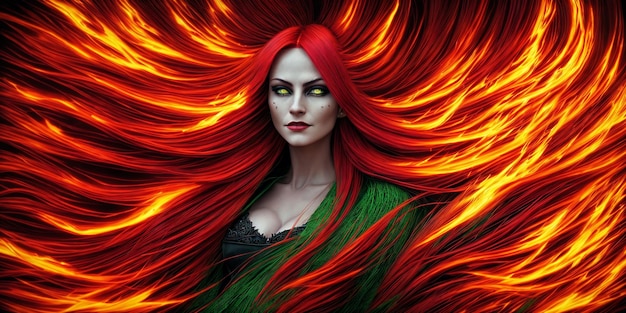 Piękna kobieta z płonącymi rudymi włosami i świecącymi zielonymi oczami w bogatej sukience na ciemnym tle Generative AI