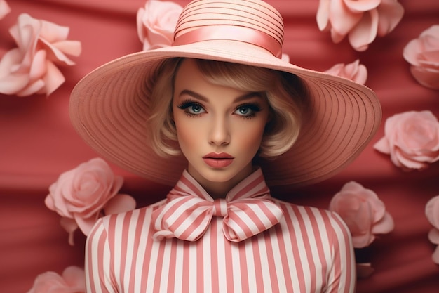 Piękna kobieta z różowym kapeluszem z widokiem na sztuczną inteligencję generatywną