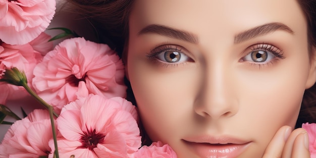 Piękna kobieta z różowymi kwiatami w dłoni naturalne kosmetyki do pielęgnacji skóry