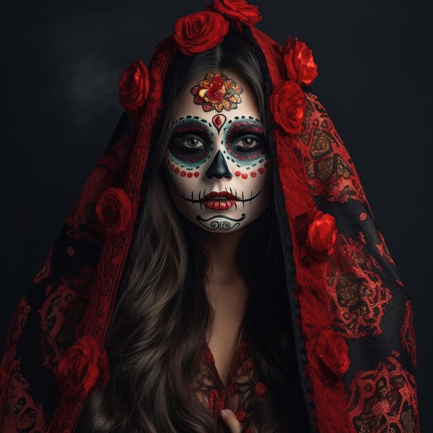 Piękna kobieta z sztuką twarzy z cukrową czaszką na Halloween