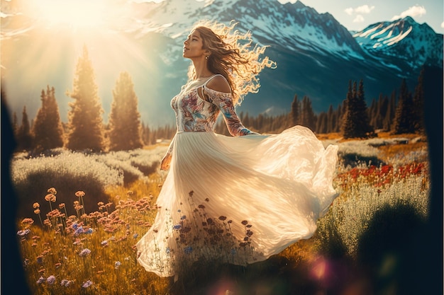 Piękna kobieta z wirującą sukienką tańcząca w górzystym krajobrazie
