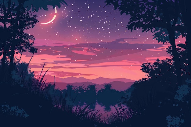 Piękna kolorowa ilustracja nieba anime krajobraz krajobraz gwiazdy sylwetka natura drzewo iluzja