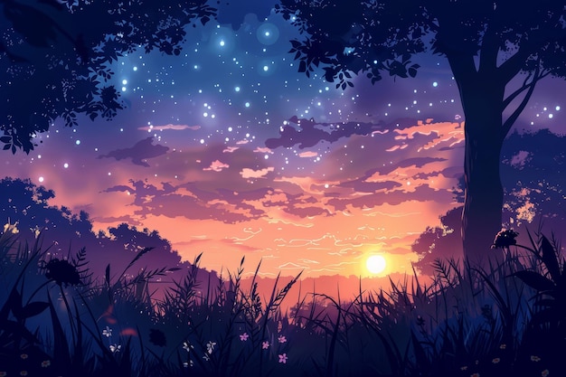 Piękna kolorowa ilustracja nieba anime krajobraz