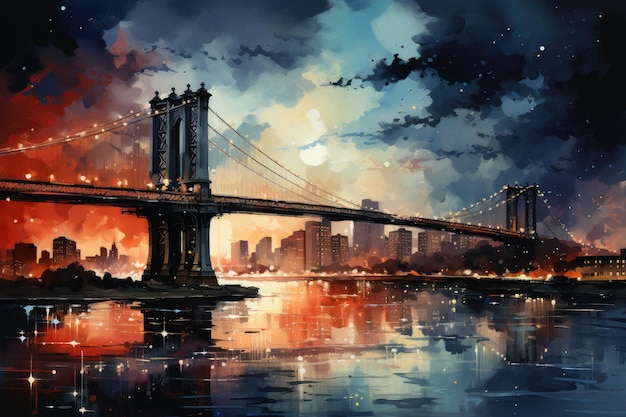 Piękna kolorowa noc Nowy Jork Brooklyn Bridge akwarela Krajobraz miejski Generative AI