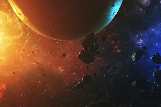 Zdjęcie piękna kolorowa przestrzeń z asteroidami z dźwiękami i planetą
