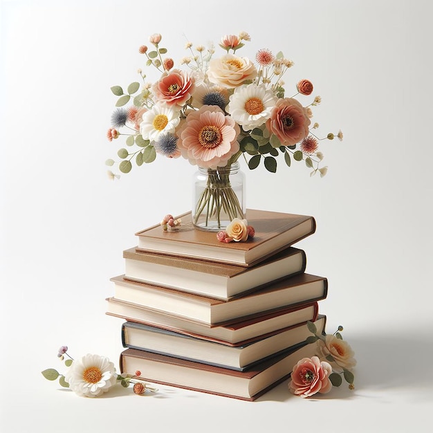 Piękna kompozycja różnych kolorowych książek z kwiatami