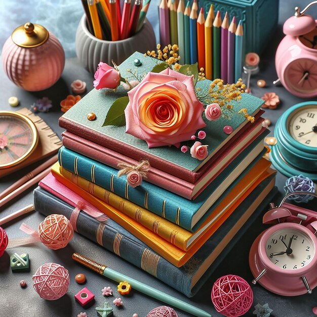Zdjęcie piękna kompozycja różnych kolorowych książek z kwiatami