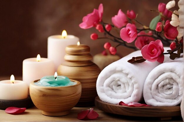 Zdjęcie piękna kompozycja spa z ręcznikiem, świecą i kwiatami z produktami kosmetycznymi