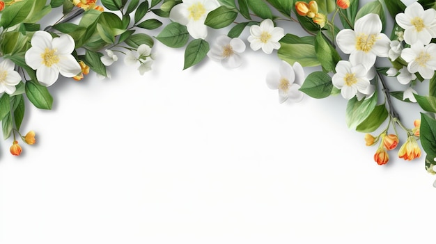 Piękna kompozycja wiosennych kwiatów i liści na białym tle z generatywną Ai przestrzenią do kopiowania
