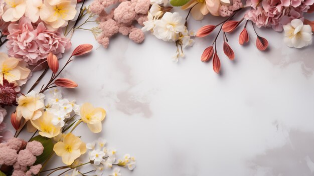 Zdjęcie piękna kompozycja wiosennych kwiatów i liści na tle stołu