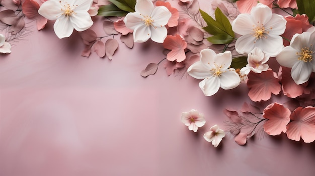 Zdjęcie piękna kompozycja wiosennych kwiatów i liści na tle stołu