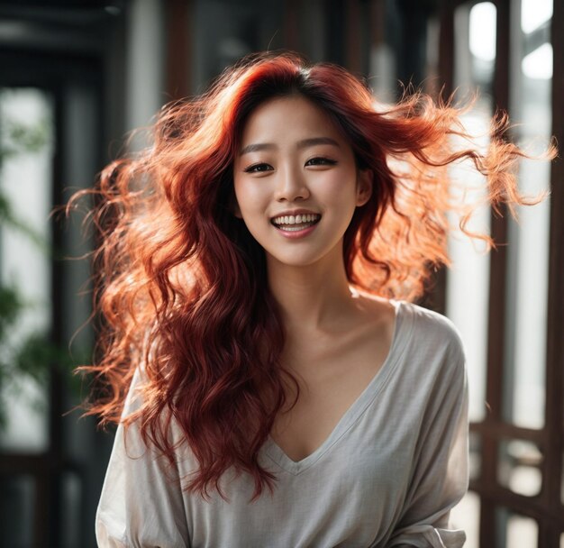 Piękna koreańska dziewczyna, modelka, czerwone włosy.