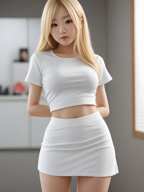 Piękna koreańska dziewczyna w wieku 20 lat o blond włosach, ubrana w mini spódniczkę