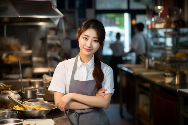 Piękna koreańska kucharka jest gotowa gotować jedzenie w kuchni restauracji.