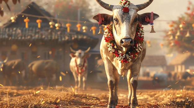 Piękna krowa z girlandą kwiatów wokół szyi stoi na polu pszenicy krowa patrzy na kamerę