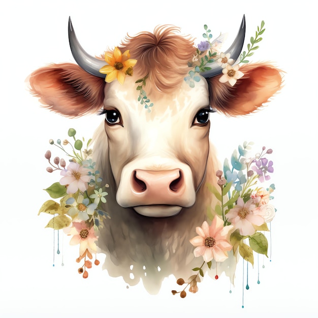piękna krowa z koroną kwiatową w magicznej bajkowej ilustracji clipart