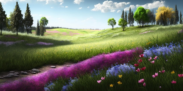 Piękna łąka kwiatowa na wiosnę i błękitne niebo w słoneczny dzień generatywne AI