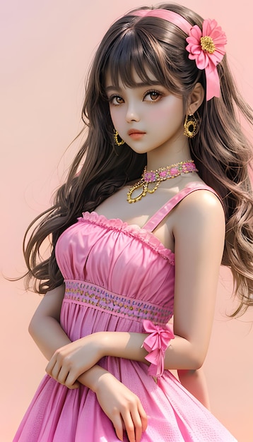 piękna lalka dziewczyna brązowe oczy lato różowe tło moda