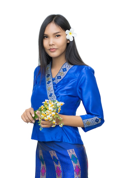 Piękna Laos dziewczyna w Laos kostiumu na białym tle