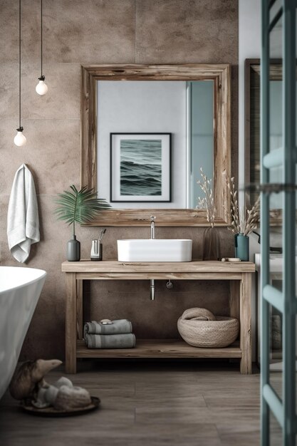 Piękna łazienka w stylu skandynawskim z roślinami podłogowymi i dekoracjami Generative Ai