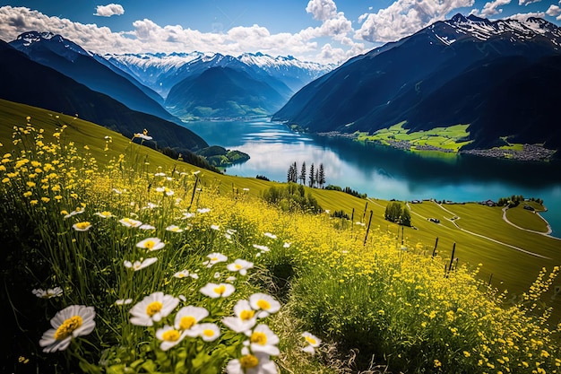 Piękna letnia scena w Zell am See Pinzgau Salzburger Land Austria Europa z polem kwiatowym