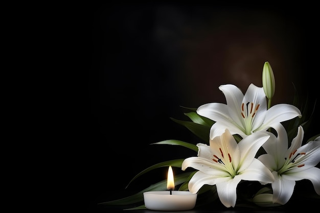 Piękna lilia i płonąca świeca na ciemnym tle z miejscem na tekst Pogrzebowe białe kwiaty
