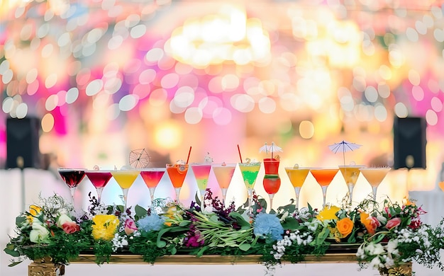 Piękna linia różnorodnych kolorowych koktajli alkoholowych na imprezie martini wódka i inne na ozdobionym stoliku z bukietem na otwartym powietrzu zdjęcie wydarzenia z pięknym bokeh