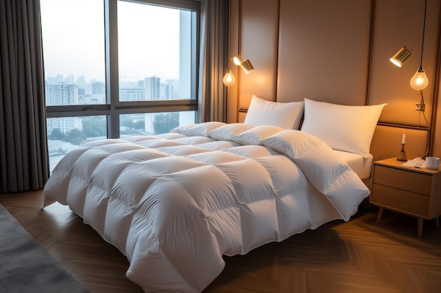 Piękna luksusowa wygodna biała poduszka i koce na łóżku dekoracja luksusowa biała pościel
