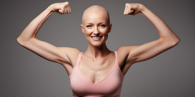 Piękna łysa kobieta walcząca z rakiem piersi potężna kobieta i obejmująca ramiona jak ocalała