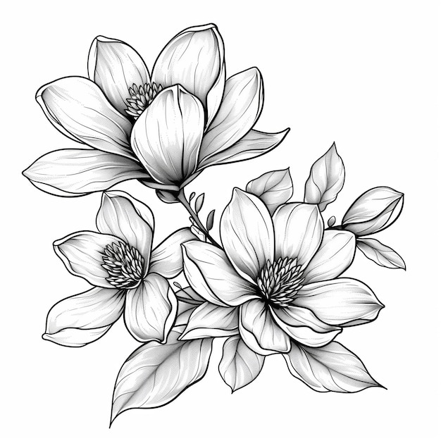 piękna magnolia linia sztuka rysunek czarno-biały ilustracja kwiatowa z monochromatycznym kwiatem na