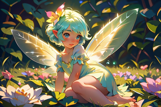 Piękna mała dziewczynka z kolorowymi włosami i skrzydłami motyla