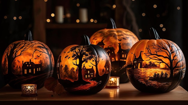 Piękna malowana koncepcja magicznej sceny Halloween z wyrzeźbionymi i oświetlonymi dyniami Jack o Lanterns